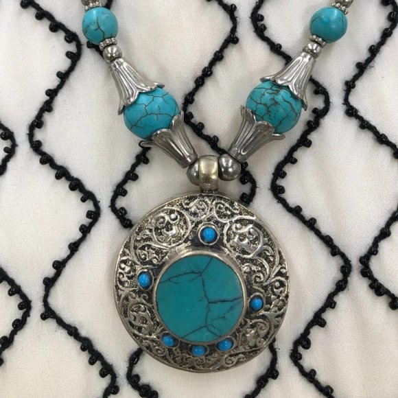 Antique Tribal Turquoise gemstone Necklace with beaded dori, Afghan Pendant - Picture 5 of 5